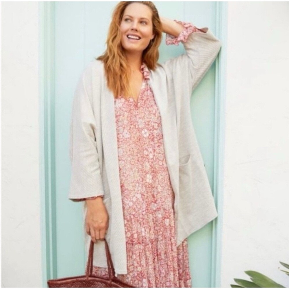Anthropologie Donni Sandwash Ribbed Gray & White Duster Cardigan OSFM Plus Size